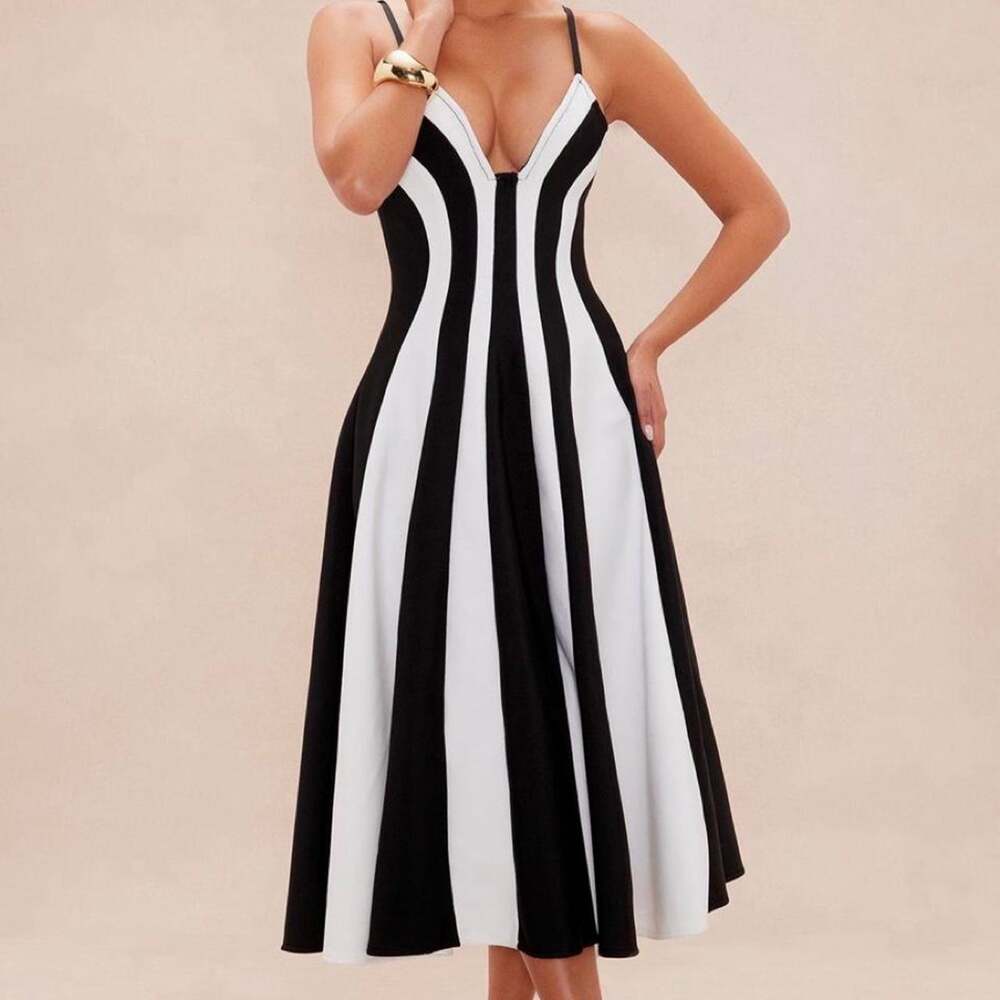 Black and white vertical striped dress